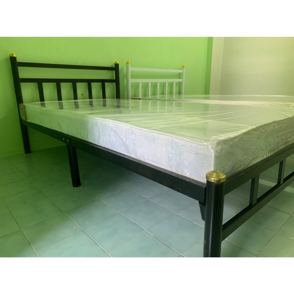 Perfect    เตียงเหล็กรุ่นหัวตรงขนาด 3.5ฟุต / 5ฟุต / 6ฟุต พร้อมที่นอนยาง PE เเท้ ผ้าคละสีหนา 4 นิ้ว