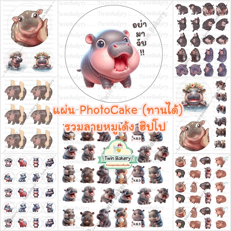 พร้อมส่ง ทานได้ แผ่นลอกลายและแผ่นเวเฟอร์ตกแต่งเค้ก (Wafer Sheet) รวมลายหมูเด้งและฮิปโป