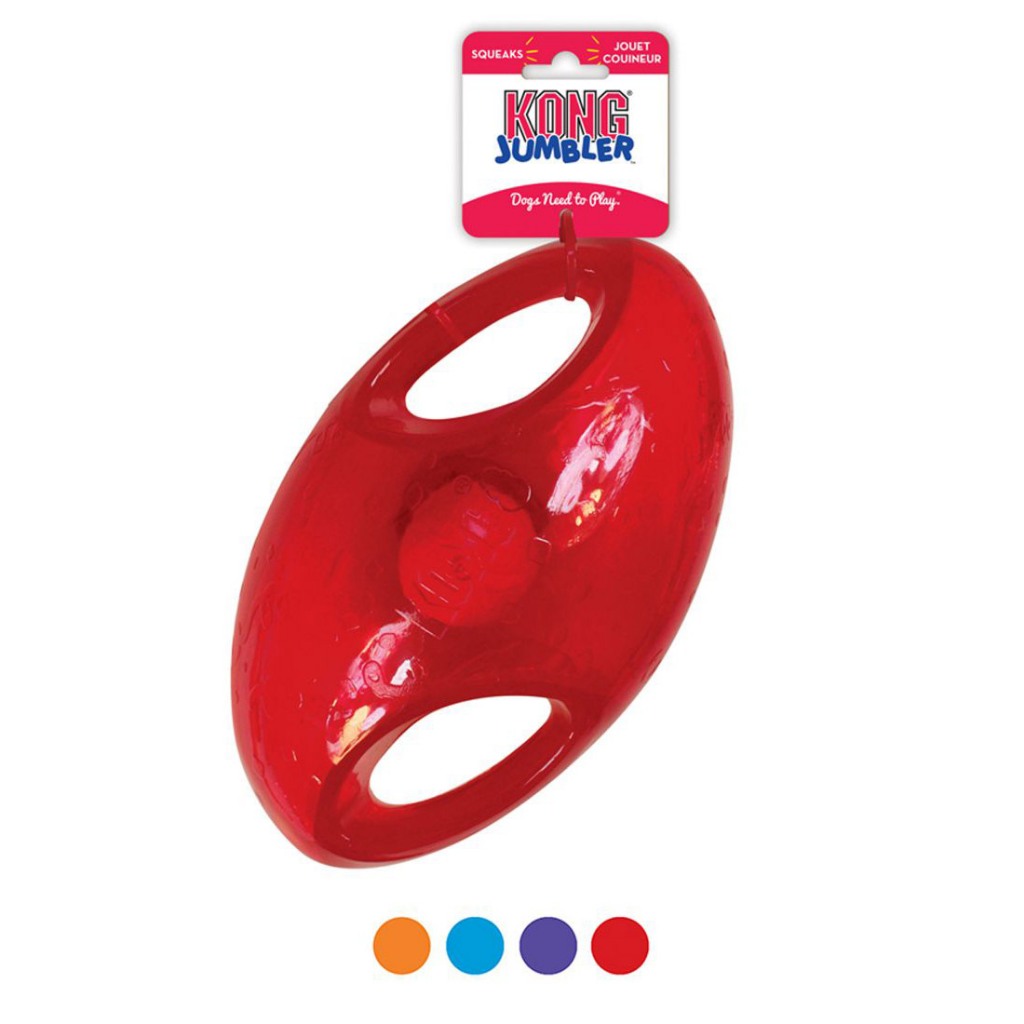 Kong Jumbler Football ลูกรักบี้ใหญ่พร้อมลูกเทนนิสภายใน มีเสียงมีมือจับ เหมาะสำหรับสุนัขขนาดกลาง-ใหญ่