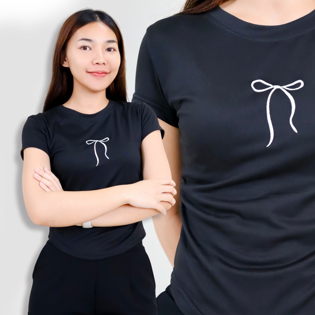t430# tb4302-2XL# เสื้อยืด มี 2 ไซส์ เสื้อคอกลม แขนสั้น สาวอวบ ปักโบว์ เอวจั้ม ผ้าคอตตอนผสม