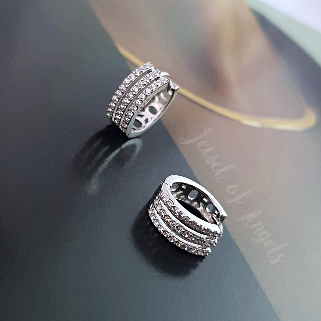 ต่างหูเงินแท้ S925 รุ่น Tiara ห่วงเพชรCZ 3แถว สูง 11.5mm เงินแท้ทั้งชิ้น Silver925 ตุ้มหูเงินแฟชั่น