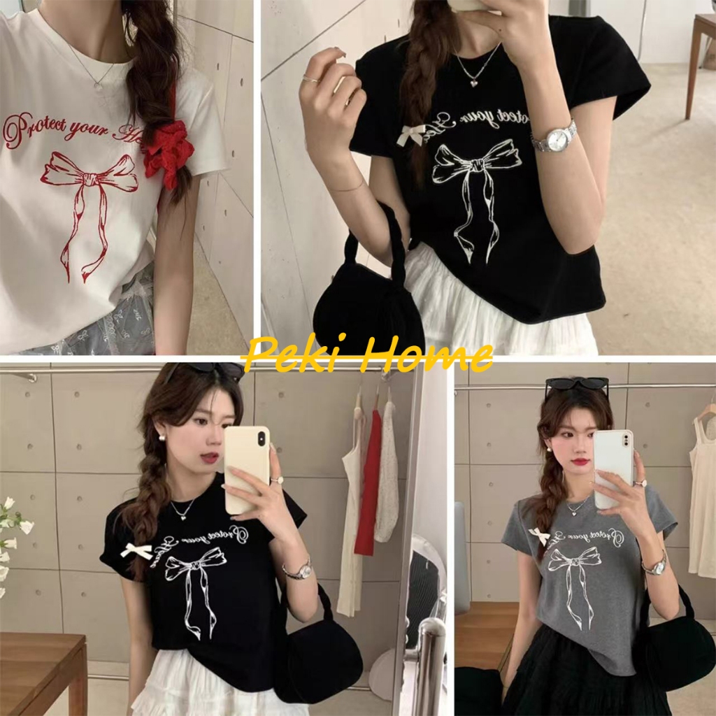 พร้อมส่ง เสื้อยืดแขนสั้นทรงเกาหลี คอลเลกชั่นใหม่ ดีไซน์ตัวอักษรพร้อมโบว์