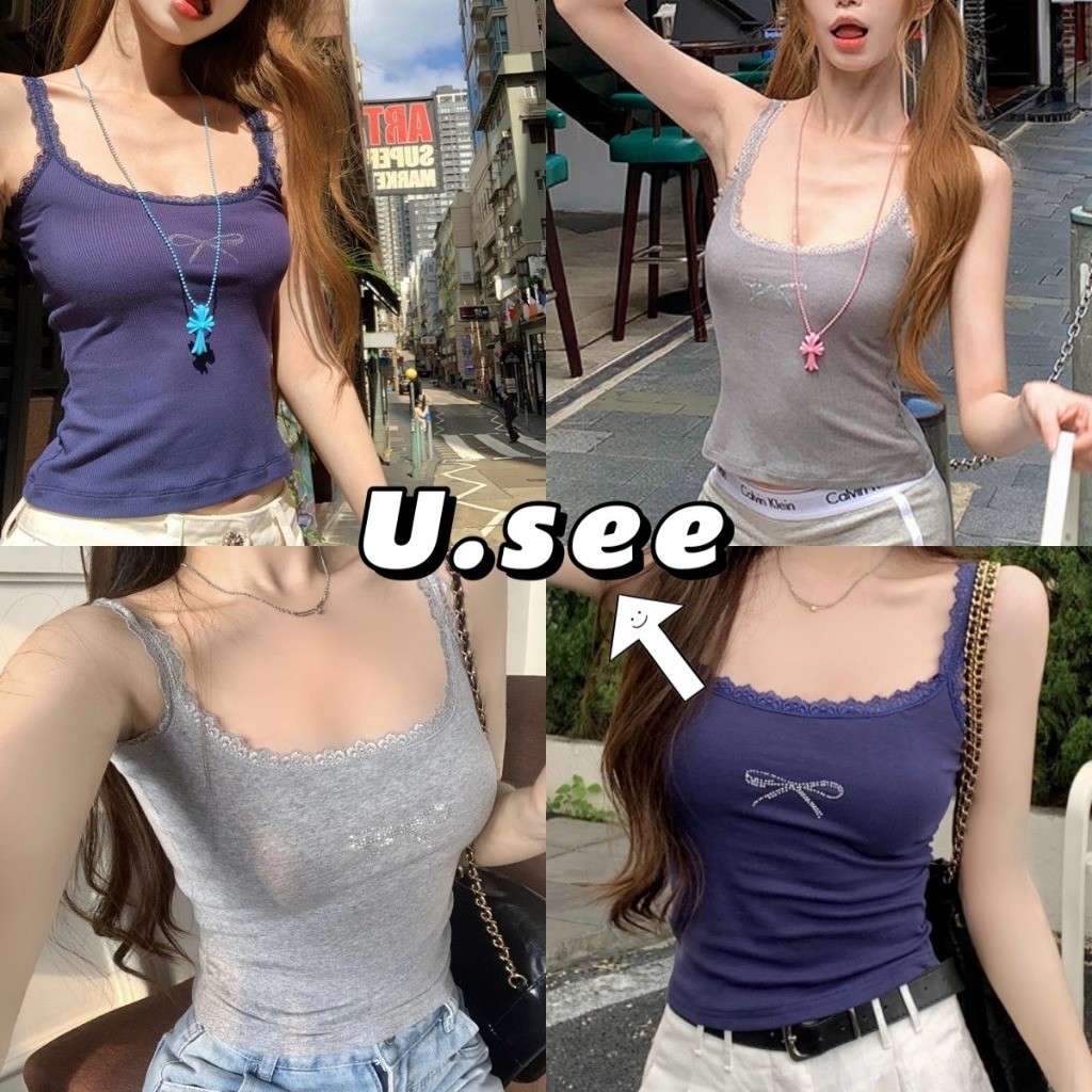 เสื้อสายเดี่ยว สายเดี่ยวลูกไม้ ผ้ายืดได้ ระบายลูกไม้ เเต่งลายโบว์ที่อก#2273