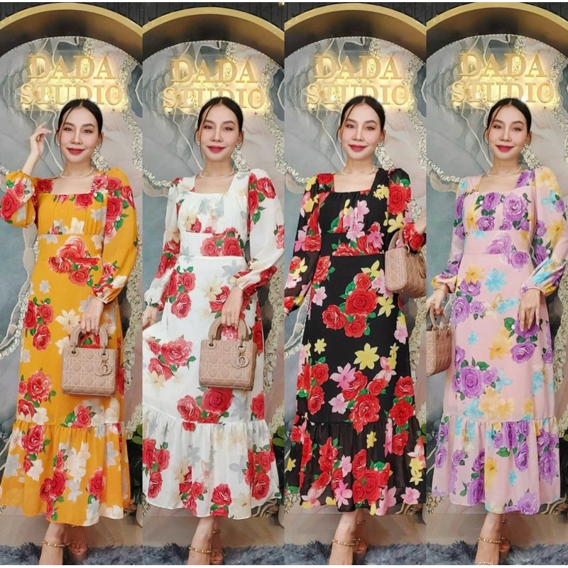 พร้อมส่ง เดรสยาวสาวอวบผ้าชีฟองแขนยาว ชายระบาย