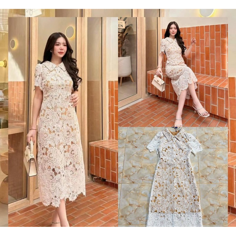 (s,m,xl,2xl) เดรสยาว เดรสลูกไม้ เดรสสีขาว งานบุญ งานบวช ป้าย chalita