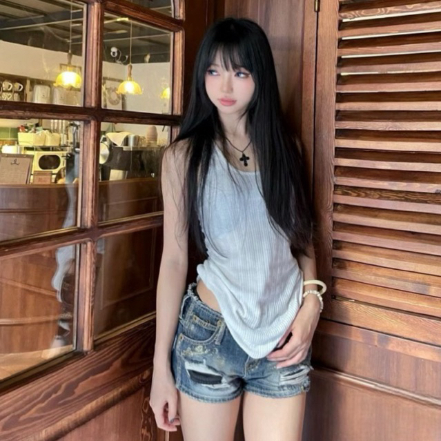 กางเกงเอวต่ำขาสั้น สาว y2k แต่งลูกไม้