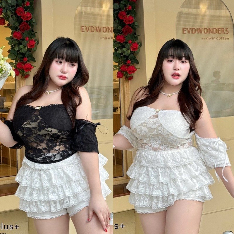 เสื้อเกาะอก เปิดไหล่ (ผ้าลูกไม้ซีทรู) เกาะอกสาวอวบ อก38-52นิ้ว plussize