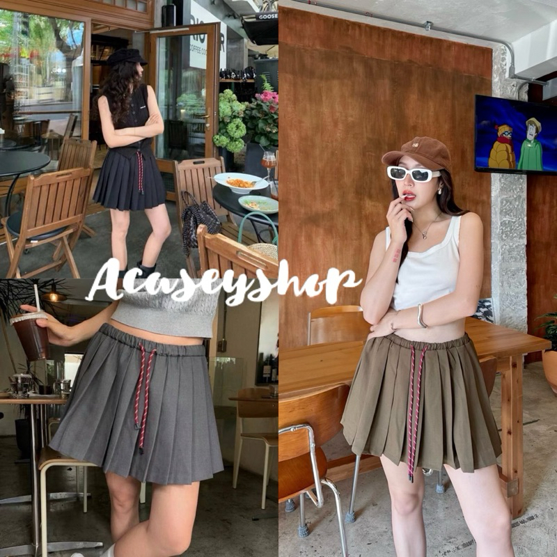 Acasey กระโปรง ทรงพลีทเทนนิส เอวเชือกหูรูด ซับในกางเกง