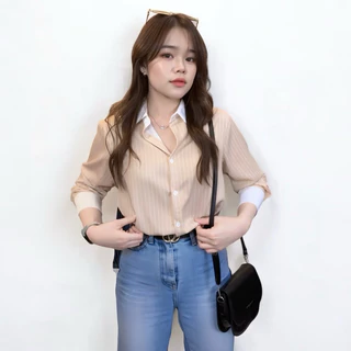 D017 เสื้อเชิ้ตแฟชั่นผ้าซาตินพรีเมี่ยม​ ลายริ้ว ผ้าลื่นๆเย็นๆ ใส่สบาย
