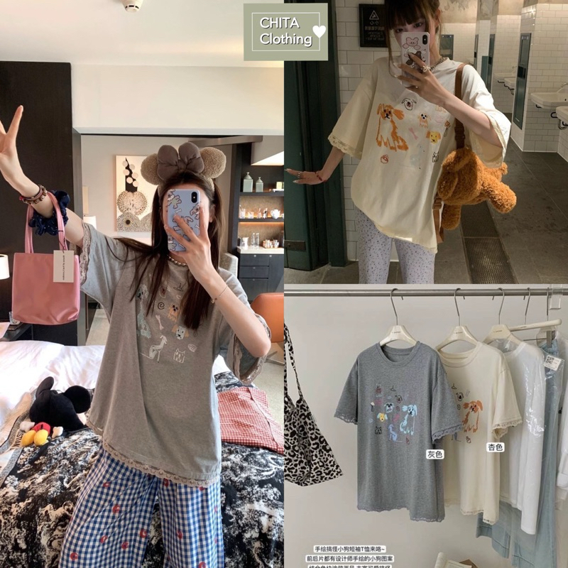 6951# เสื้อยืดแขนสั้น สกรีนลายหน้า-หลัง แต่งชายลูกไม้ เนื้อผ้าดี ทรงใส่สบาย TAG : Y.JIA STUDIO