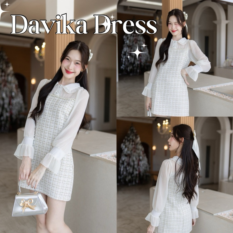 🌸 DAVIKA DRESS 🌸 (TYL18) เดรสทวิต สีขาวครีม