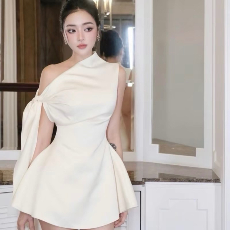 D046 -เดรสสั้นปาดไหล่ ผูกโบว์ข้าง เดรสน่ารัก