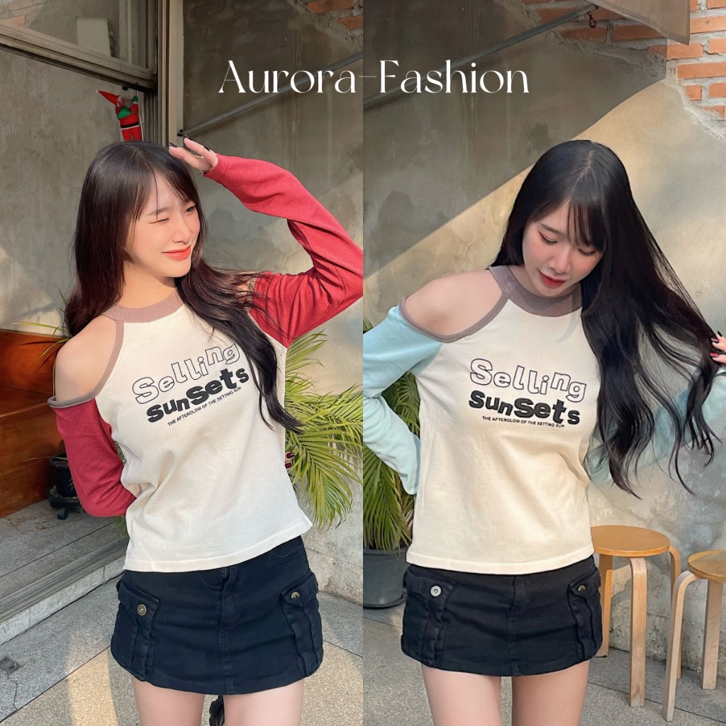 Aurora พร้อมส่ง (รูปถ่ายจากงานจริง) เสื้อยืดปิดไหล่ ปิดไหล่ เสื้อแฟชั่นแขนยาว เสื้อครอปเอวลอย ดีเทลเปิดไหล่ 67046