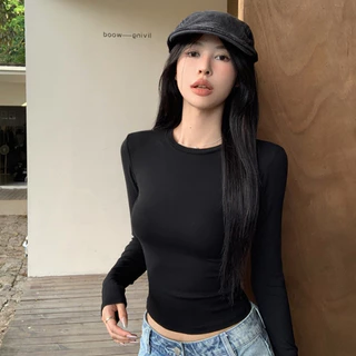 เสื้อยืดเเขนยาวผญ เสื้อครอปท็อปแขนยาว สีพื้น งานเกาหลี เเบบลำลอง ใส่เเล้วดูผอม #020277