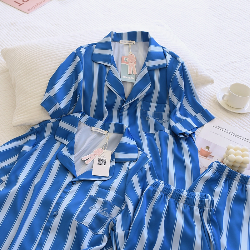 ชุดนอน Mulen (Muslin Pajamas) Silk Satin Blue Breezeรุ่น (Y3185 Y3186)