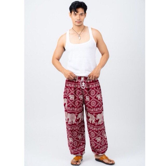 🐘กางเกงเชือก ขายาว ลายช้าง มีกระเป๋า 1 ข้าง ผ้าคอตตอน ใส่สบาย by YourCozy
