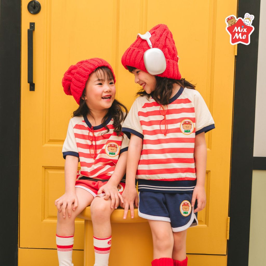 Mix Me เสื้อยืดคอกลม แขนสโลป ลายทางริ้วแดง ผ้า 100%Cotton นุ่ม เด็กหญิง อายุ 1-7 ปี เสื้อผ้าเด็ก รุ่น 500343