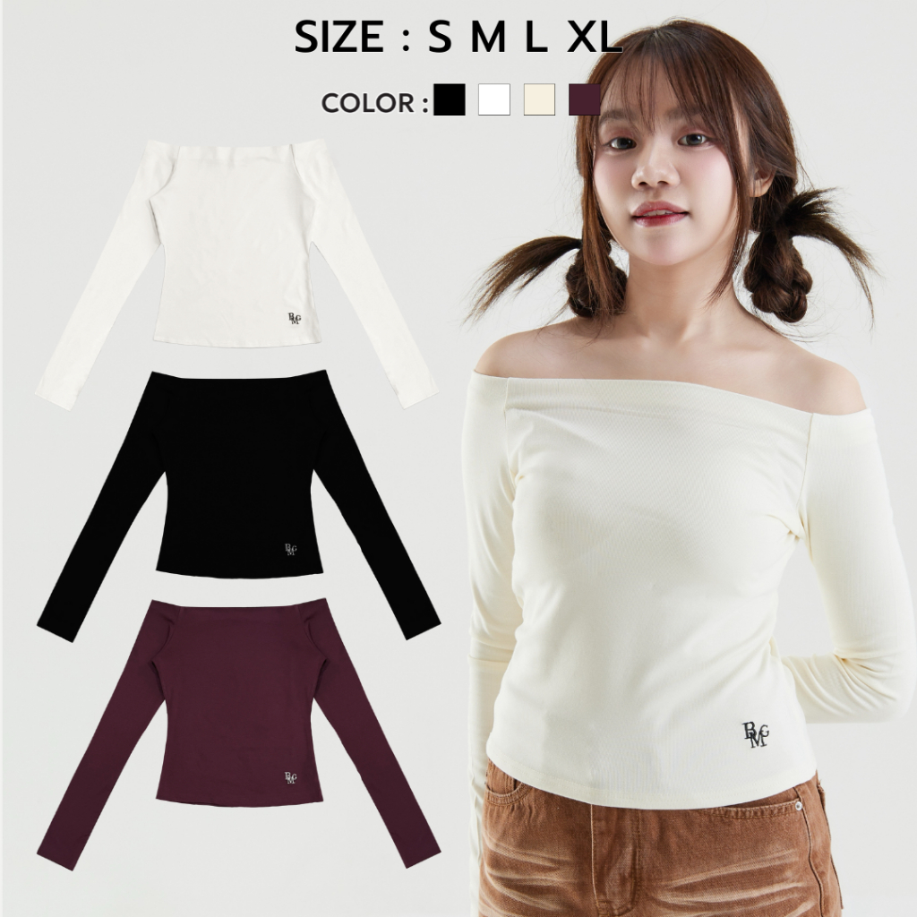 Bemingtop742(S-XL) - Bellin top ปาดไหล่ ทรงเข้ารูป ผ้าหนา