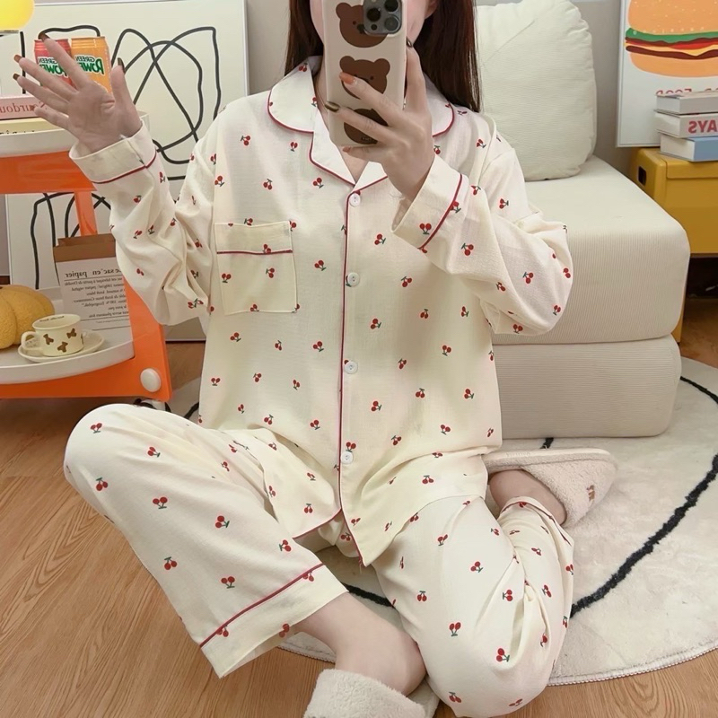 พร้อมส่ง ❣️ ชุดนอนผ้ายับแขนยาวขายาว งานป้าย Bee (LL) ใส่สบาย ไม่ร้อน