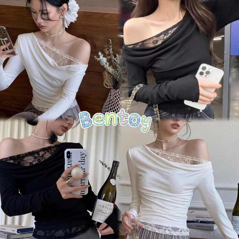 Bentoy(Y0321-1)เสื้อยืดแขนยาวปาดไหล่ ผ้านิ่ม ดีเทลแต่งลูกไม้หน้าอกและปลายเสื้อ เซ็กซี่เบาๆ