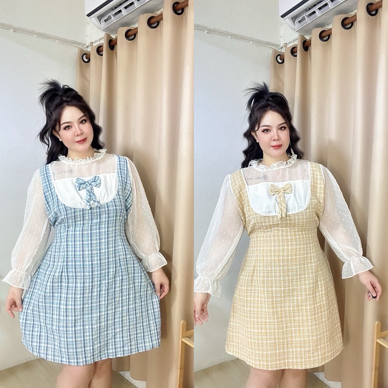 เดรสแขนยาวผ้าทวิต แต่งแขนผ้าชีฟองลายจุด สีหวานลุคคุณหนูมาแล้วจ้า รอบอก 38-47 นิ้ว