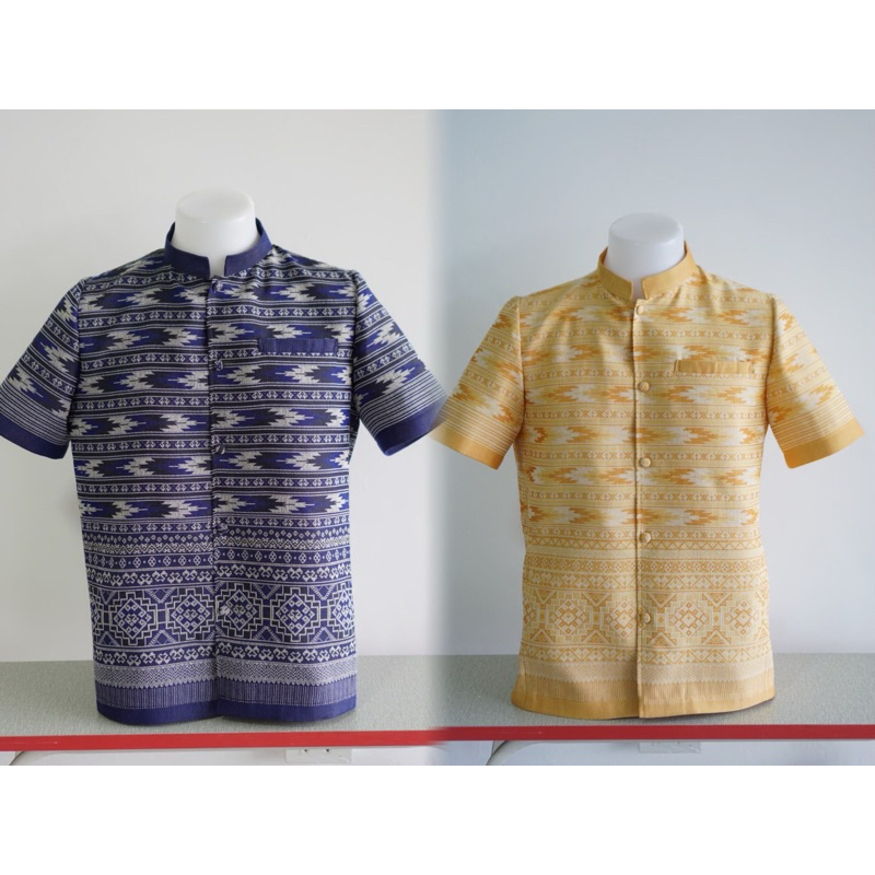 เสื้อทำงานชาย สีกรม สีเหลือง ผ้าทอ อัดกาวทั้งชุด