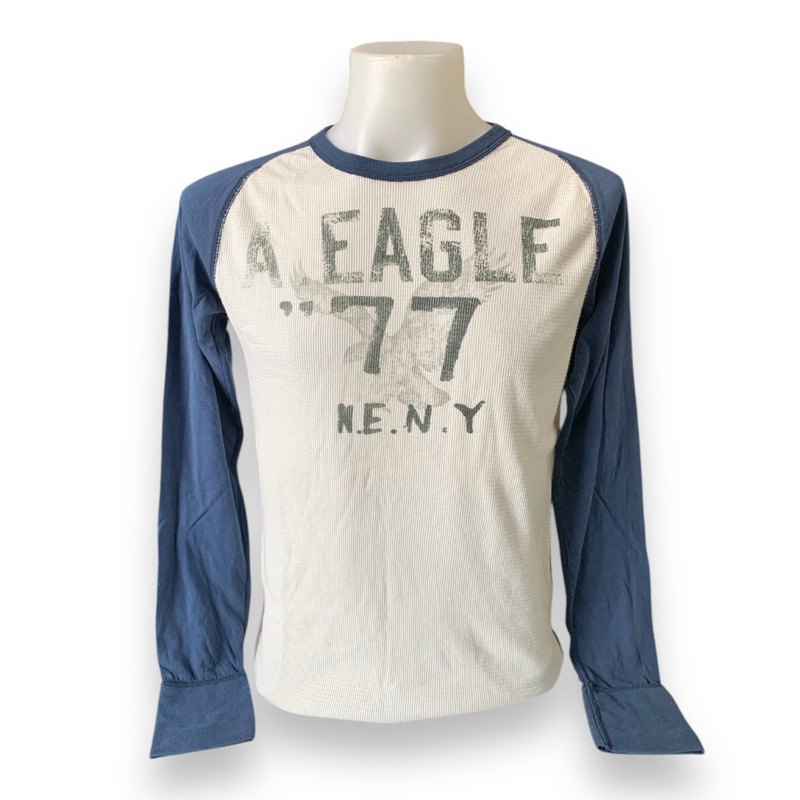 LU52 | American Eagle สเวตเตอร์ เสื้อแขนยาว สีครีม-น้ำเงิน สไตล์วินเทจ เซลตำหนิ ลดราคา ล้างสต็อก