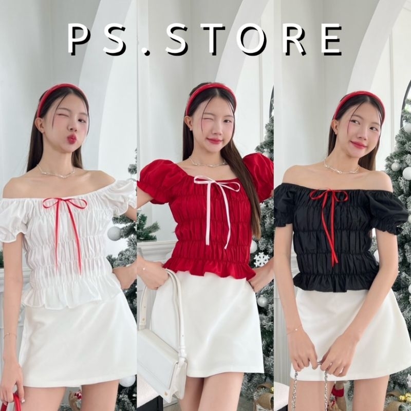 Cotton : เสื้อแขนตุ๊กตา งานสม็อครอบตัว ดีเทลริบบิ้นผูกโบว์อก