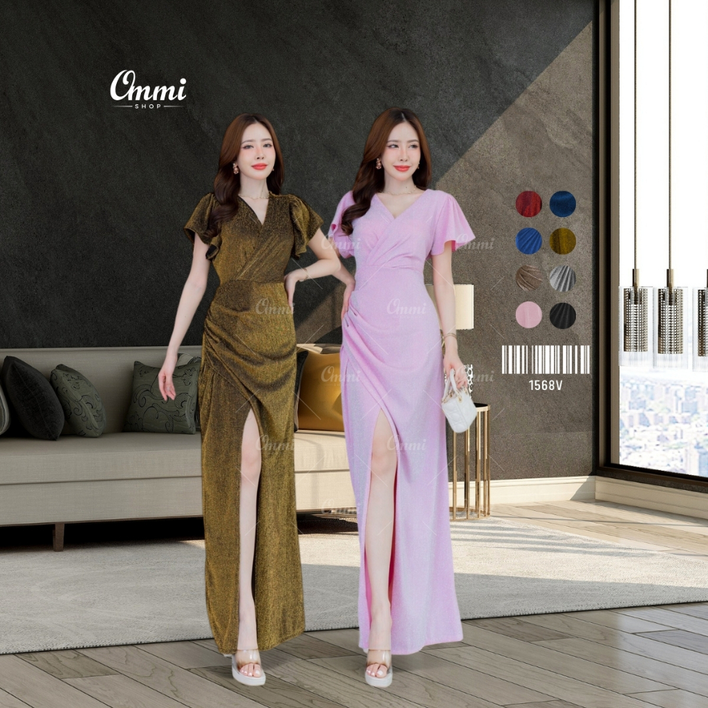 Ommishop ชุดราตรี 1568V เสื้อคอวีแขนสั้น ผ้า Glitter เดรสออกงาน ชุดงานแต่ง เพื่อนเจ้าสาว