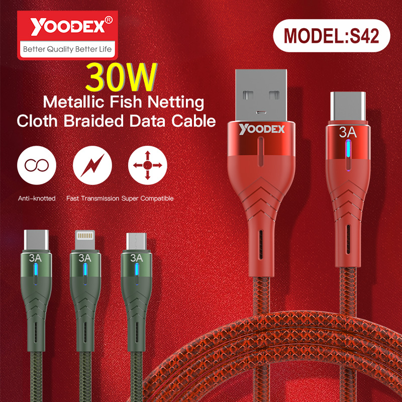YOODEX® S42 สายชาร์จเร็ว S42L /S42M / S42C สายชาร์จ ไนลอนถัก USB Data Cable 30W L-Cable/Micro/Type-C ของแท้100%