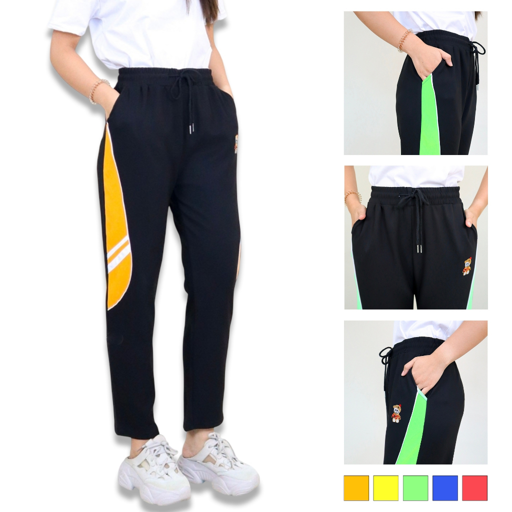 p9523# กางเกงขายาว 9ส่วน กางเกงวอร์ม แต่งแถบข้าง ปักลายหมี ผ้าเกาหลี ใส่ออกกำลังกายได้