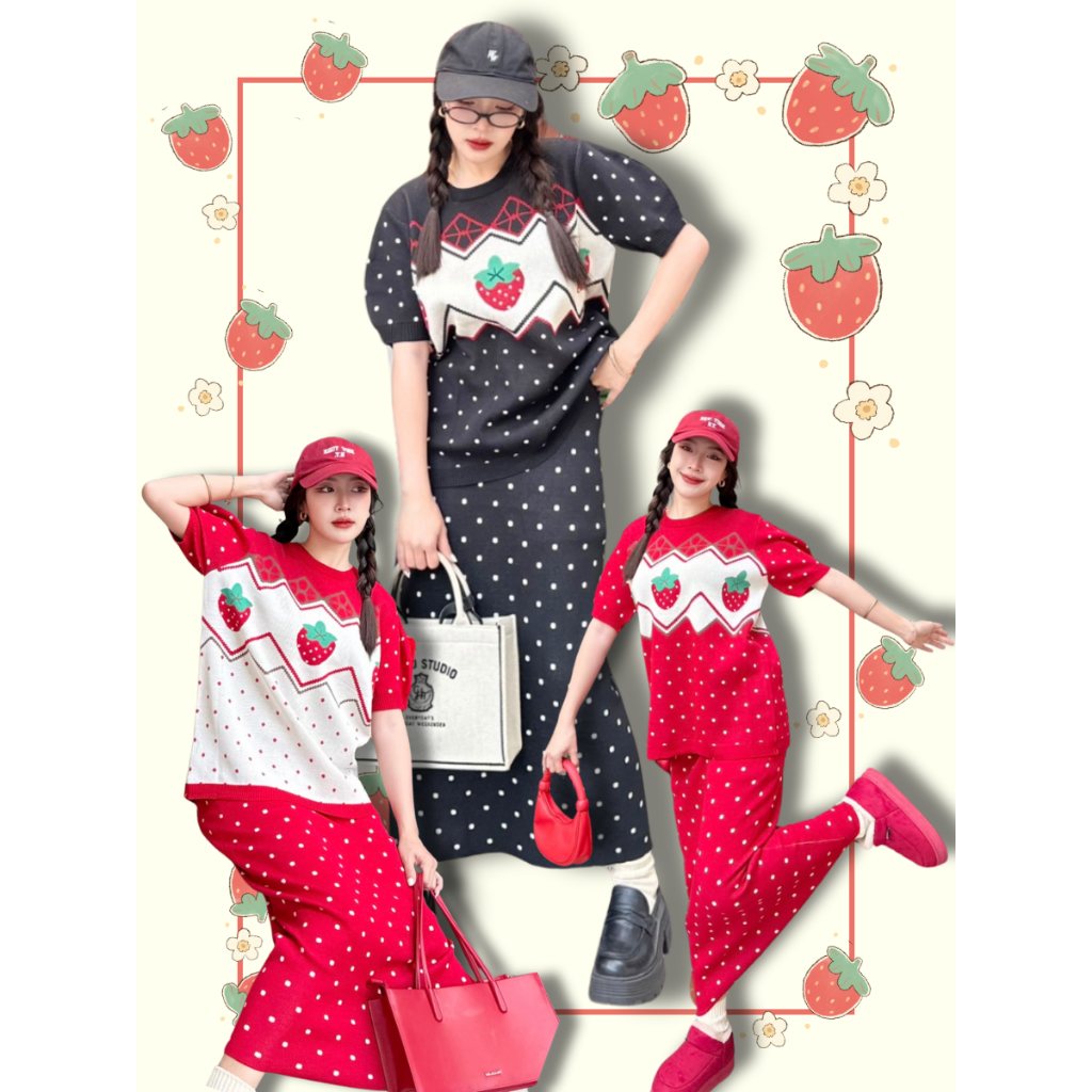 POP UP ชุดเซ็ตไหมพรมคริสต์มาส 2 ชิ้น เสื้อทอลายสตรอเบอร์รี่ + กระโปรงยาวลายจุด เข้าเซ็ต