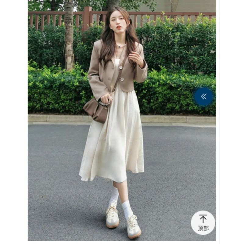 ชุดเซ็ทสูท นำเข้าสไตล์เกาหลี เสื้อสูท+เดรสสายเดียว