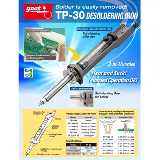 Goot TP-30 หัวแร้งดูดตะกั่ว 30W แบบมือกด 450°C หัวแร้ง + ที่ดูดในด้ามเดียว ดูดแรง ใช้ง่าย Desoldering Iron ที่ดูดตะกั่ว