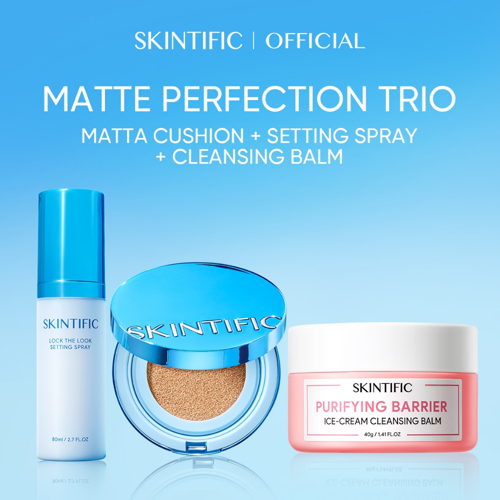 SKINTIFIC 3pcs Matte Cushion สีฟ้า คุชชั่น ให้การปกปิด Setting Spray เซ็ตติ้งสเปรย์ Cleansing Balm ล้างเครื่องสำอา