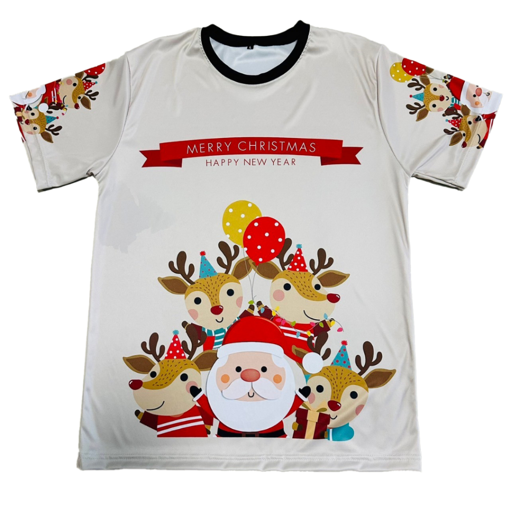 เสื้อยืดลาย Merry Christmas ซานต้าสีครีม