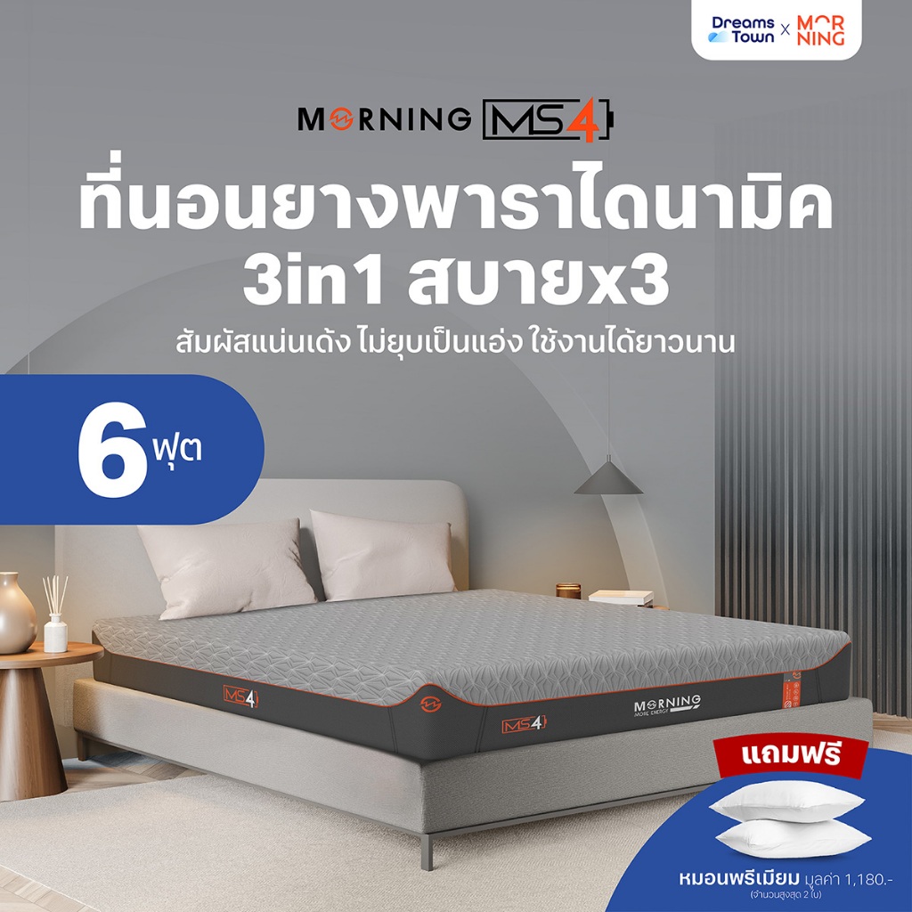 Morning Sleep ที่นอนยางพารา ไดนามิค 3in1 เสริมพ็อกเก็ตสปริงและดับเบิ้ลคูลลิ่งเมมโมรี่โฟม เย็นx2 รุ่น Series 4 ขนาด 6 ฟุต