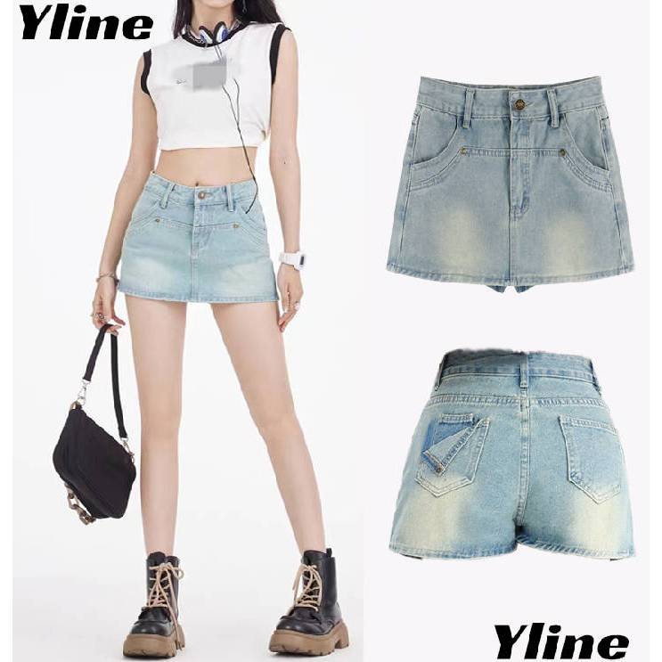 YLINE  กระโปรงยีนส์เอวสูงย้อนยุค culottes สาวร้อนฤดูร้อนใหม่สำหรับผู้หญิง กระโปรงสั้นมีซับใน