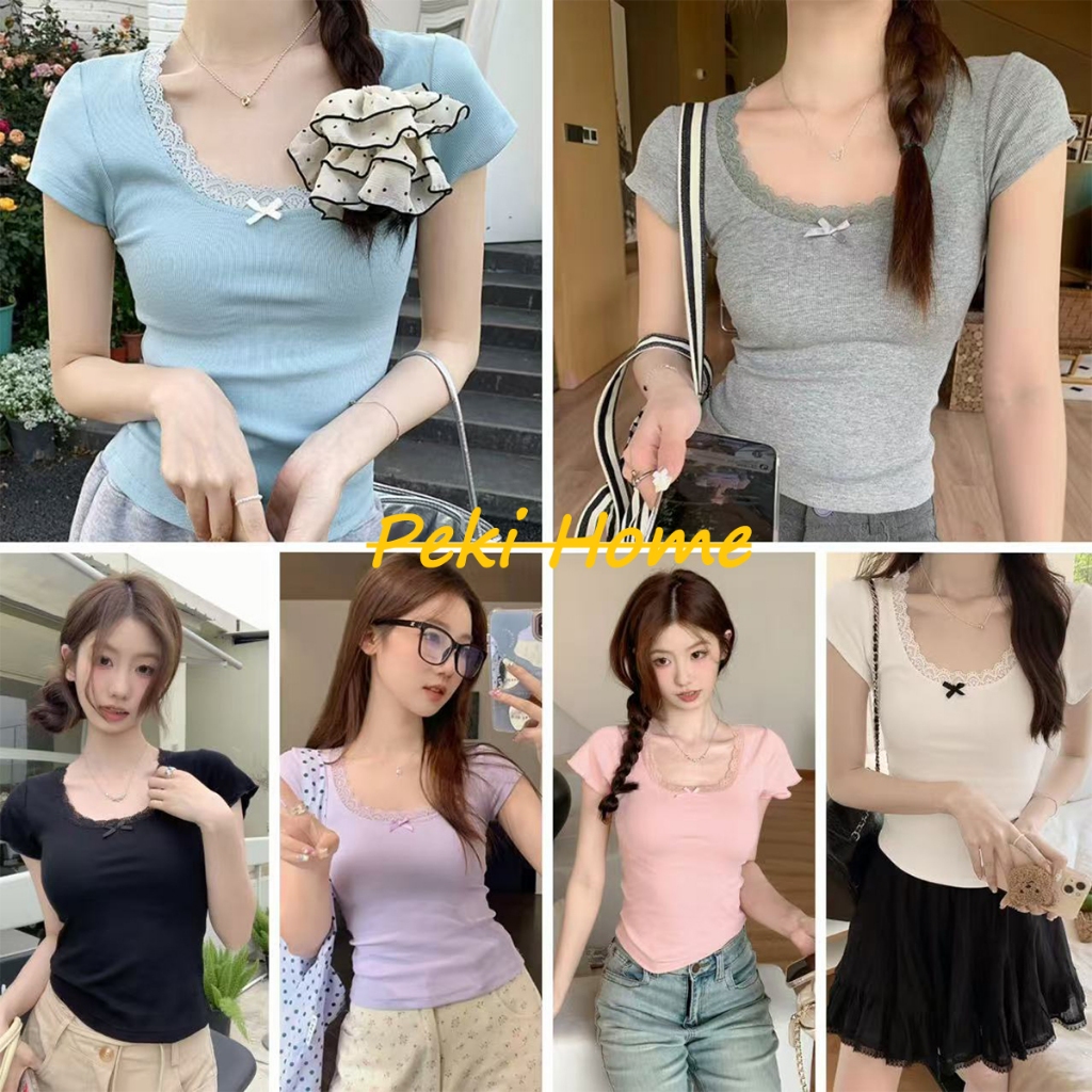 พร้อมส่งเสื้อยืดแขนสั้นยูคอผูกโบว์ ลายลูกไม้ สีชมพู สำหรับสาวหวาน