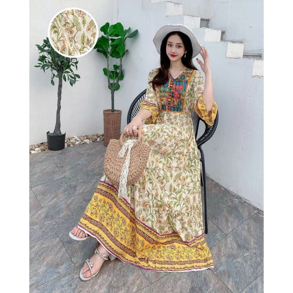เดรส กระโปรงยาว สตล์โบฮีเมี่ยน ฟรีไซด์อก32-42 ยาว47 นิ้ว อวบอ้วนใส่ได้ ผ้าสปัน มียางยืดเชือกผูกปรับขนาดได้  ส่งจากไทย