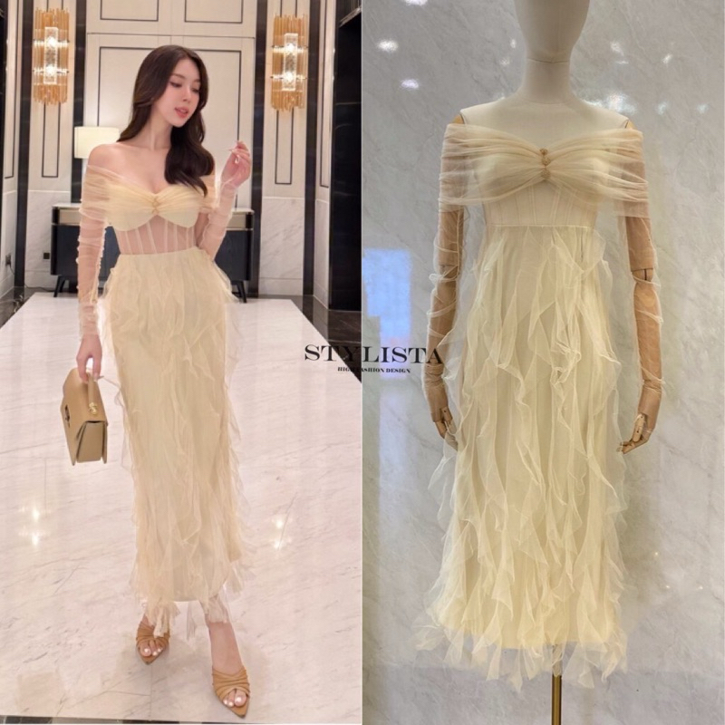 Code : ST240562 เดรสเปิดไหล่เเขนยาวซีทรู งานป้าย Stylista