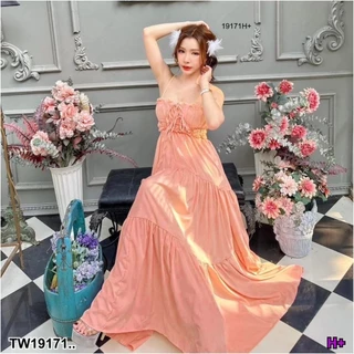 TW19171 เดรสสายเดี่ยว กระโปรงยาวบานระบาย ..