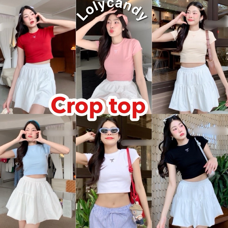 Ambella•ครอปโบว์ | พร้อมส่ง เสื้อยืดคอกลม ทรงครอป ปักโลโก้โบว์ งานน่ารัก fashion woman style