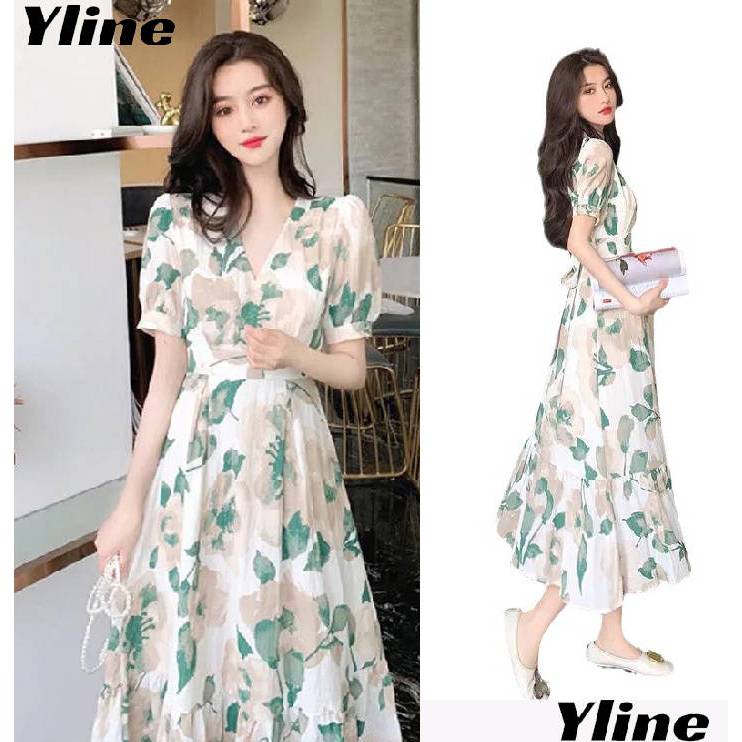 YLINE  เดรสชีฟองลายดอกไม้ กระโปรงทรงเอ เดรสแขนพัฟ คอวีทรงเข้ารูป สไตล์อ่อนโยน
