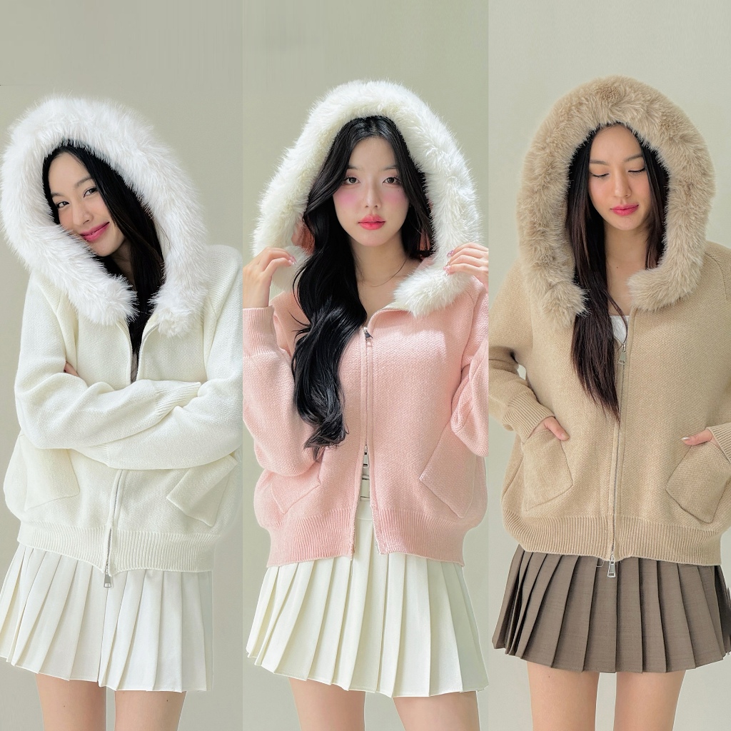 CO0959 เสื้อไหมพรมฮู้ดดี้แต่งขนเฟอร์