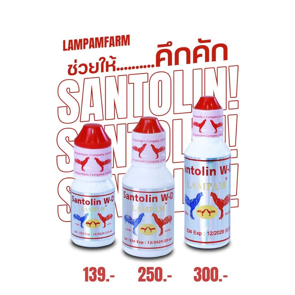 ซานโตลิน Santolin ลำปำ ไก่ดุดัน 15ml 35ml 60ml อาหารสัตว์ปีก อาหารไก่ชน ชุดเลี้ยงไก่ ชนิดน้ำ