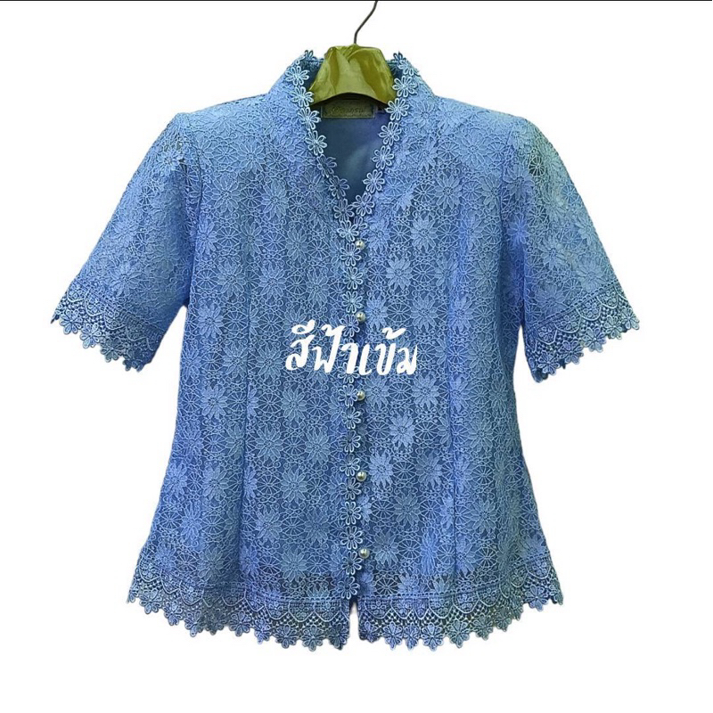 เสื้อลูกไม้คนแก่ คอจีนกระดุมมุกแขนสั้น