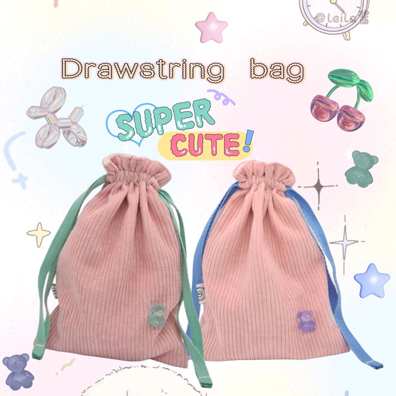 พร้อมส่ง unique cute bear ถุงผ้าหูรูด ผ้าลูกฟูกสีพาสเทล ปักน้องหมี มีซับใน