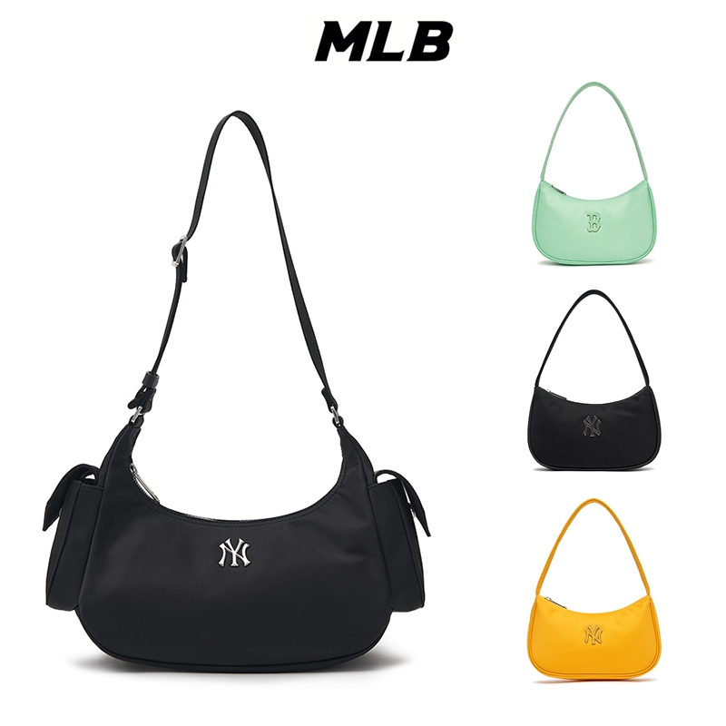 แท้ พร้อมส่ง MLB nylon hobo bag กระเป๋าสะพายไหล่ กระเป๋าถือ ทรงพอช สีดำ