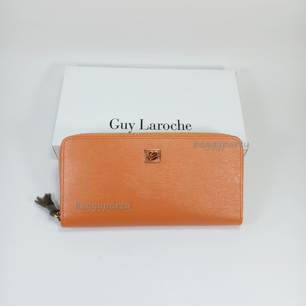 Guy Laroche แท้!! กระเป๋าสตางค์ผู้หญิงใบยาว ซิปรอบ สีส้ม หนังลาย อะไหล่สีทอง หนังแท้